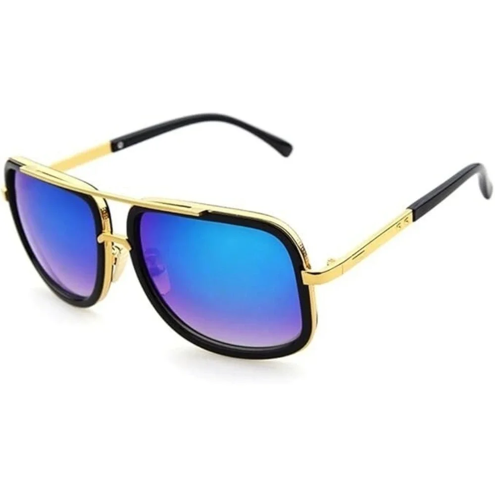 Aviator Sunglasses Square Frame Blue Lens Gold Accents Fashion Shades Lentes New